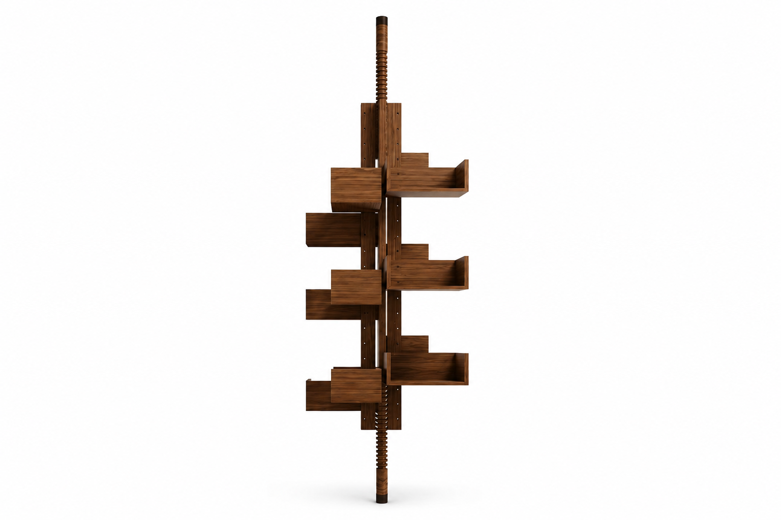 the Arbor Bookcase, a rotating floor-to-ceiling walnut shelving system with adjustable viewing angles and compact vertical storage.