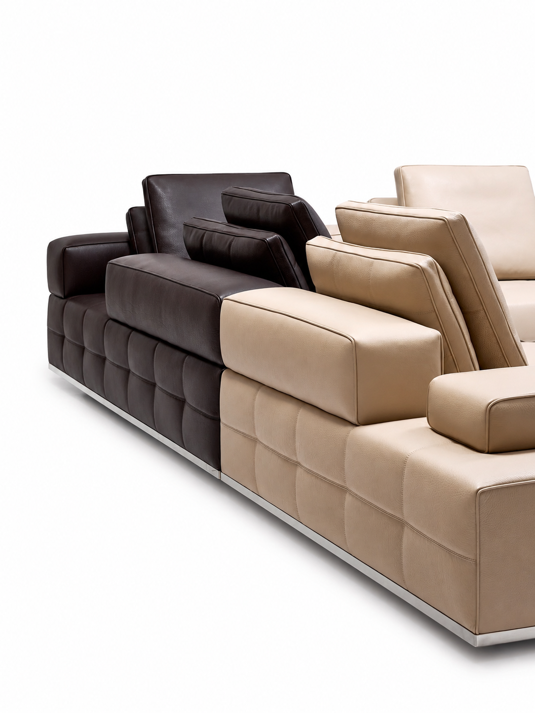 A modern modular leather sofa shown at an angle on a white background, featuring a split design with dark brown tufted sections on one side and light beige tufted sections on the other, complete with matching back cushions.
