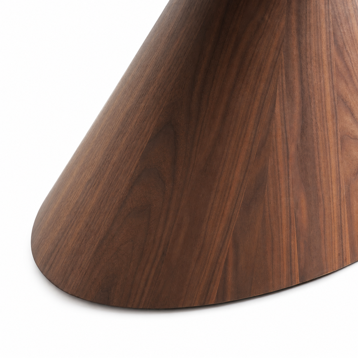 Close-up of a tapered wooden table base with a rich dark brown wood grain finish on a white background.