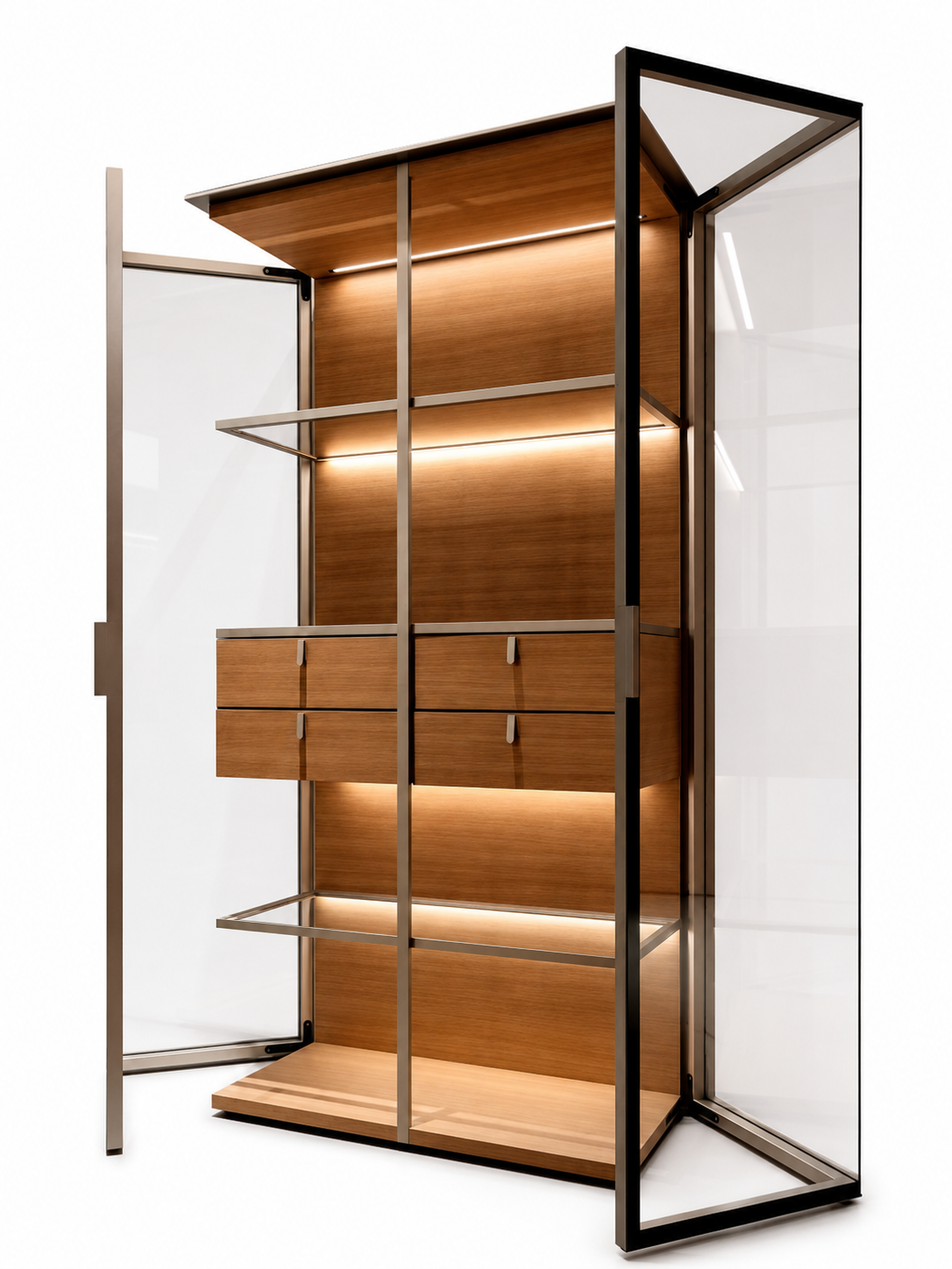 Lumen glass display cabinet with walnut interior, four drawers and integrated LED lighting