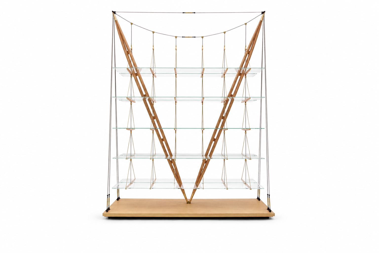 the Catamaran Shelf, a sculptural display unit with timber framing, suspended detailing and glass shelves, made to order by NX Interiors.