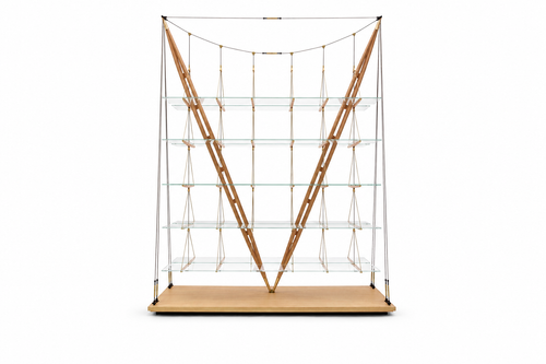 the Catamaran Shelf, a sculptural display unit with timber framing, suspended detailing and glass shelves, made to order by NX Interiors.