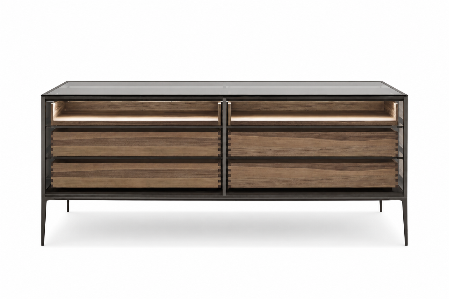 Atelier wardrobe island chest with glass display top, six timber drawers lined with leather and slim aluminum frame