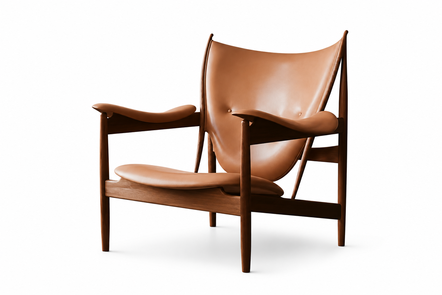 crafted with a solid walnut frame, full-grain leather upholstery and a gently reclined, supportive form.