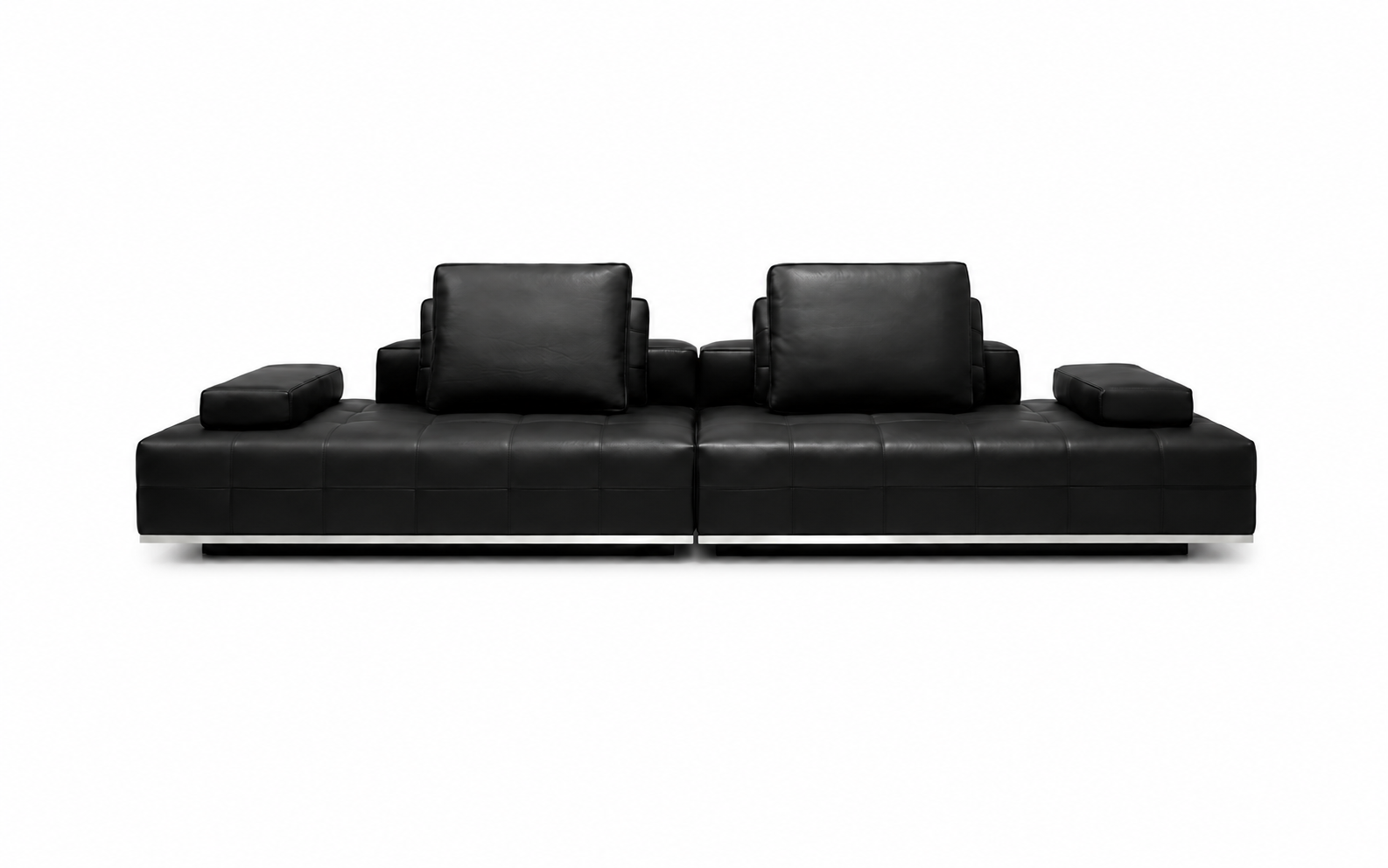 A modern black leather sectional sofa with two back cushions, two side bolsters, and a low-profile base, shown against a plain white background.