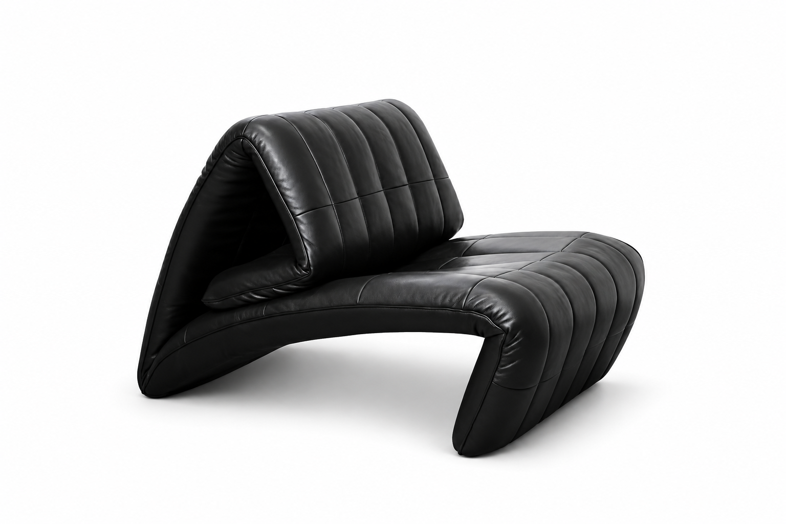Fold black leather recliner chair with channeled upholstery and adjustable extending backrest