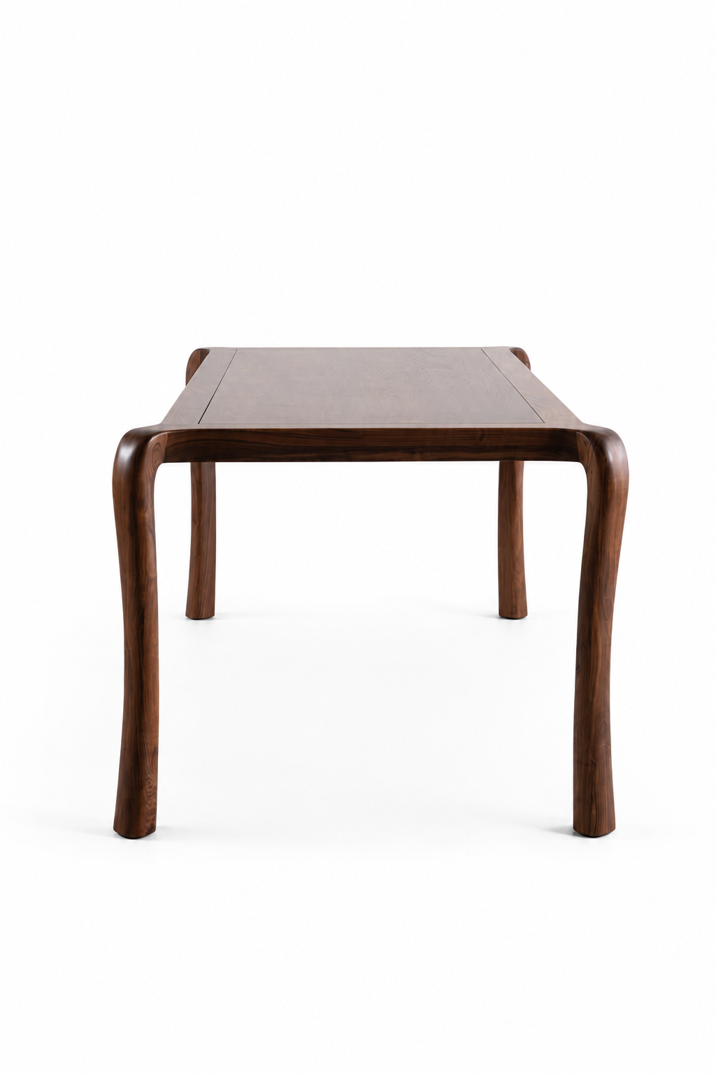 A dark brown wooden table with a rectangular top and four curved legs, shown from a front-facing perspective on a clean white background.