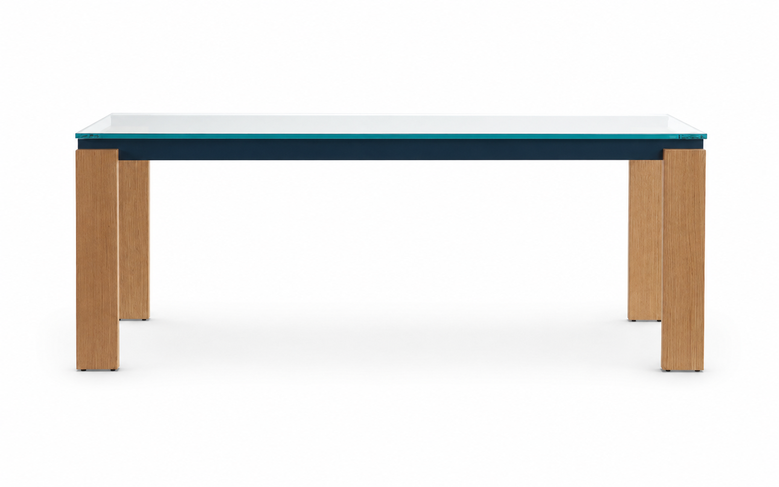 Frank dining table with toughened glass top, solid white oak legs and blue steel frame