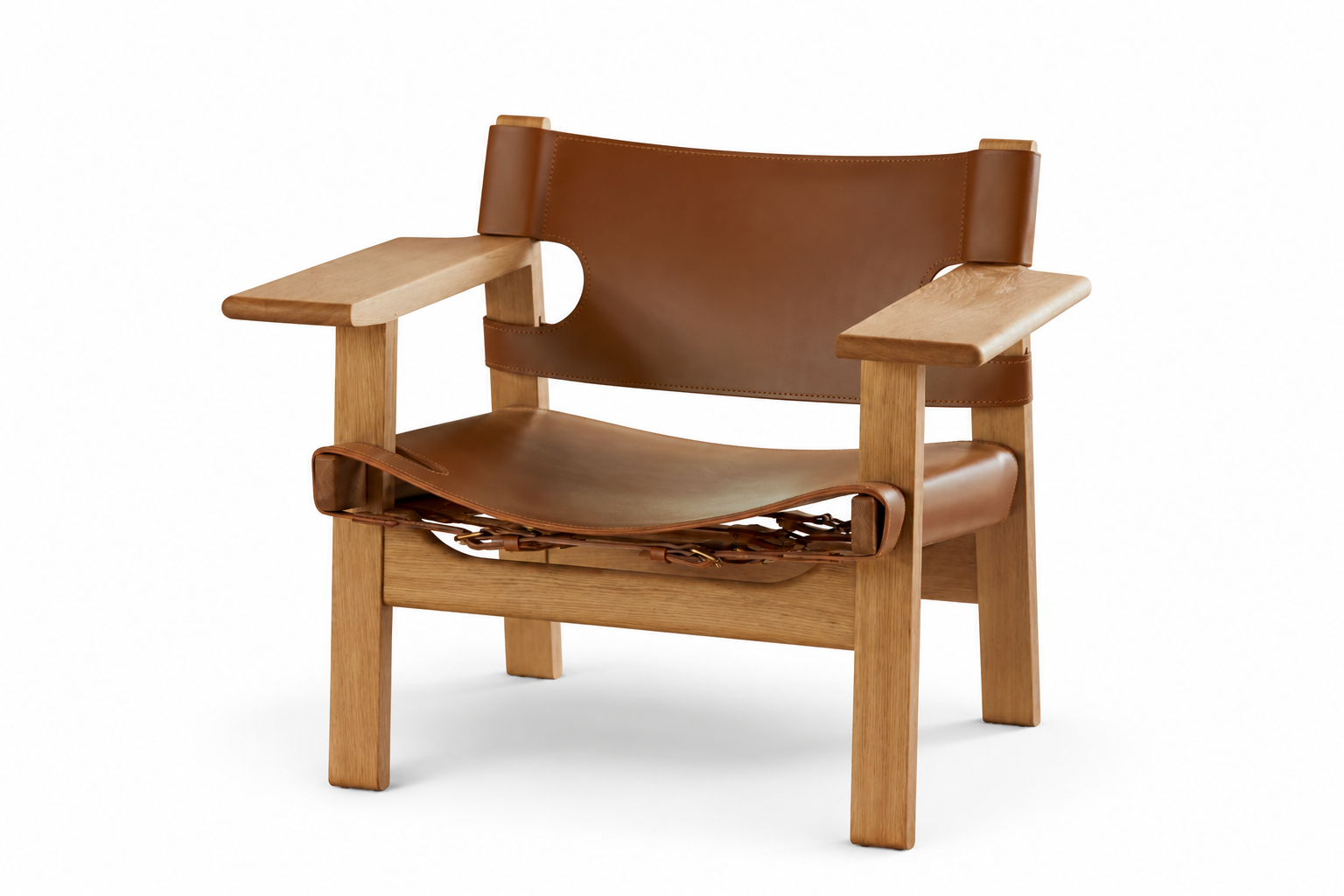 Santiago saddle leather lounge chair with solid oak frame, broad timber arms and hand-laced seat support
