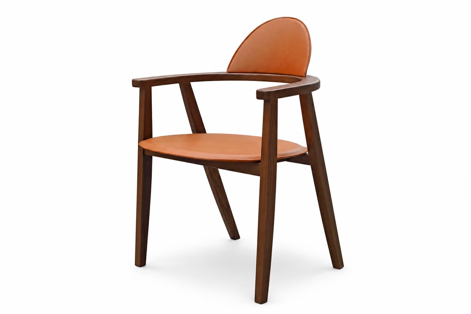 Saddle leather dining chair with curved walnut-finished timber arms and frame