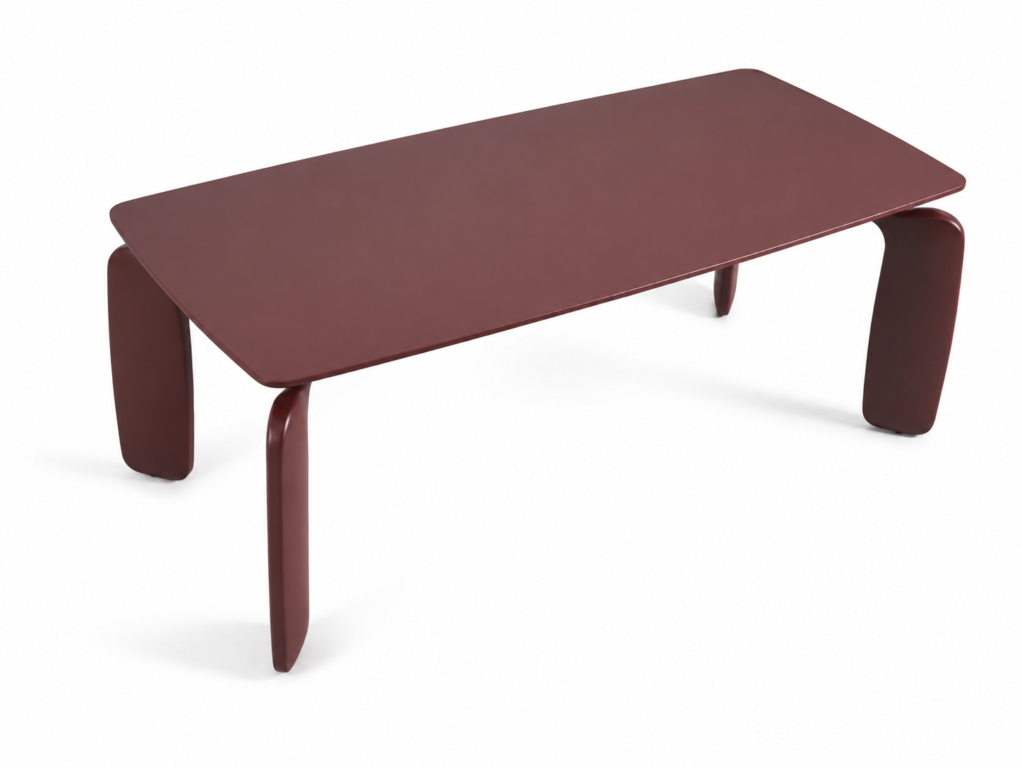A modern table with a rounded rectangular top and integrated curved legs, finished in a dark reddish-brown color, shown on a white background.