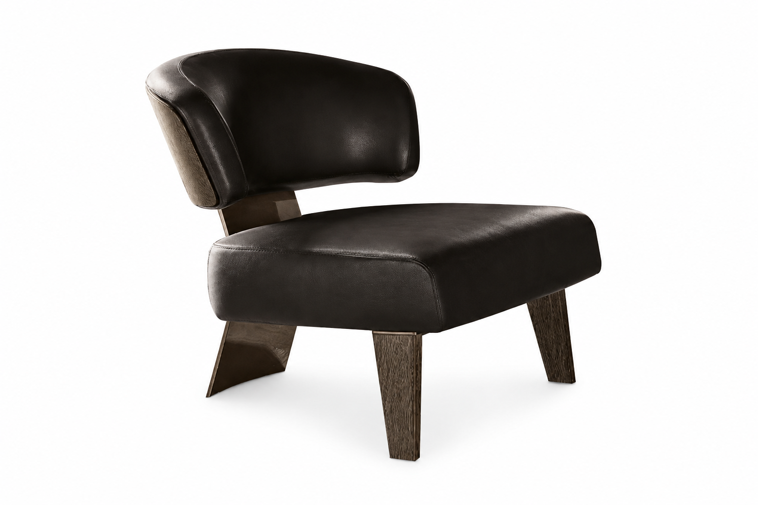 Lewis black leather lounge chair with curved backrest and sculptural dark timber legs