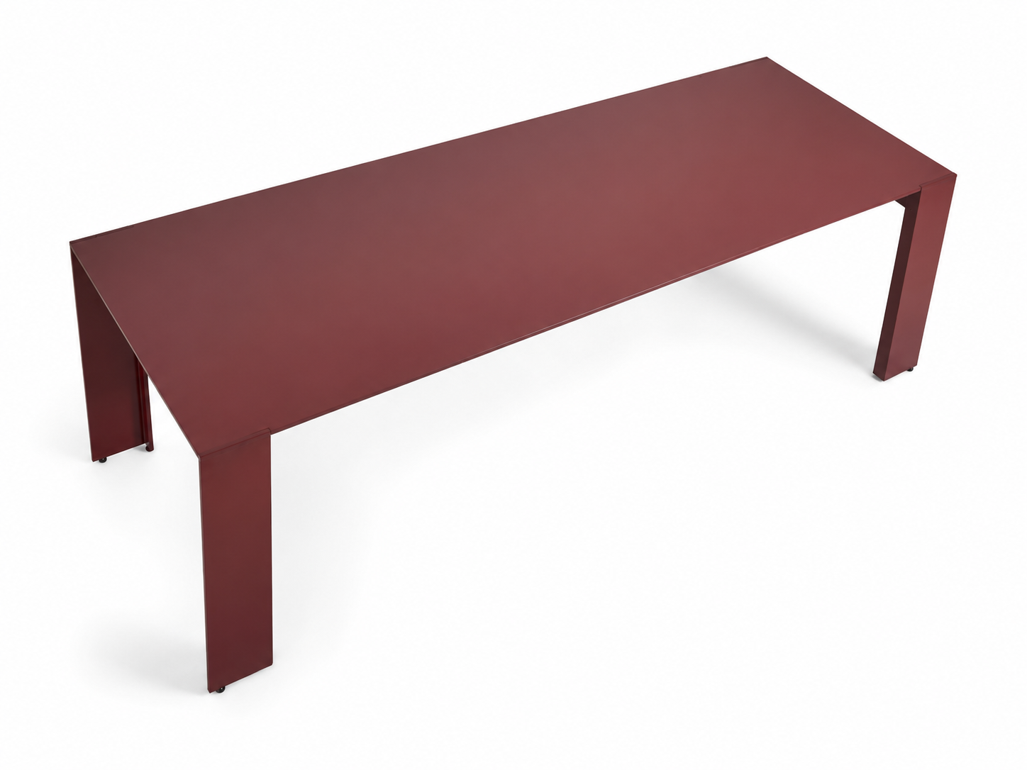 A modern rectangular table with a matte dark red-brown finish and angled legs, shown from an elevated perspective on a white background.