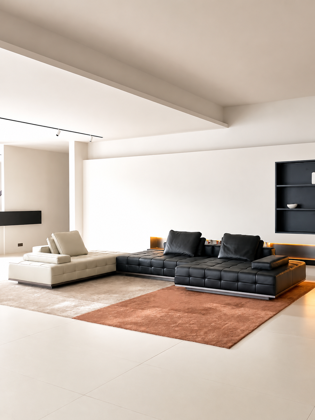 A modern living room featuring a black tufted leather sectional sofa and a light beige modular sofa, arranged on a rust-colored area rug over a light floor.