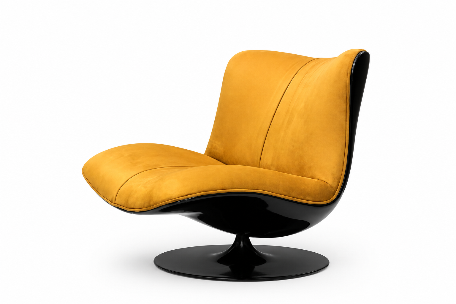 Lotus nubuck leather lounge chair in ochre with curved backrest and black swivel pedestal base