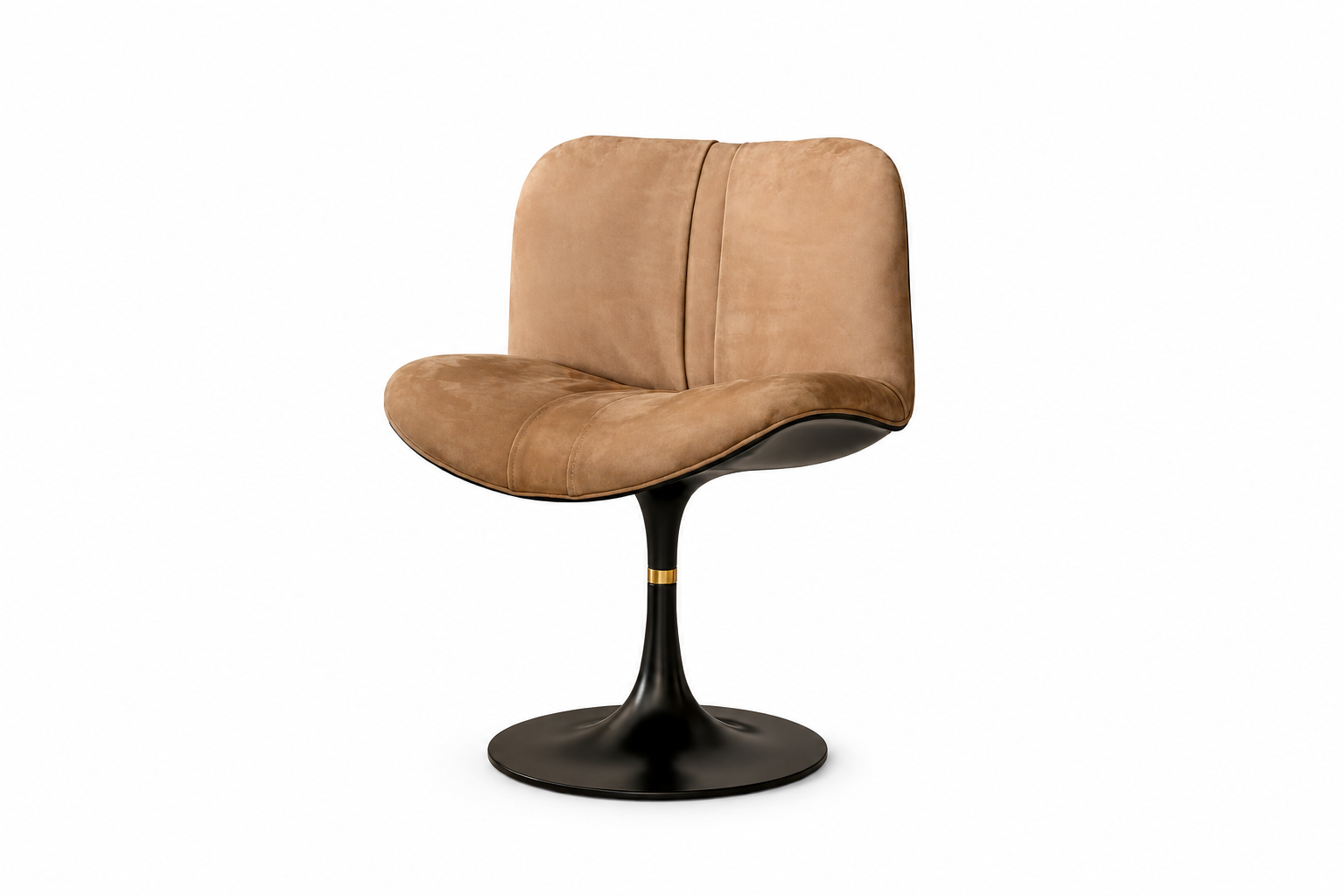 Lotus upholstered swivel dining chair with curved taupe seat and black pedestal base