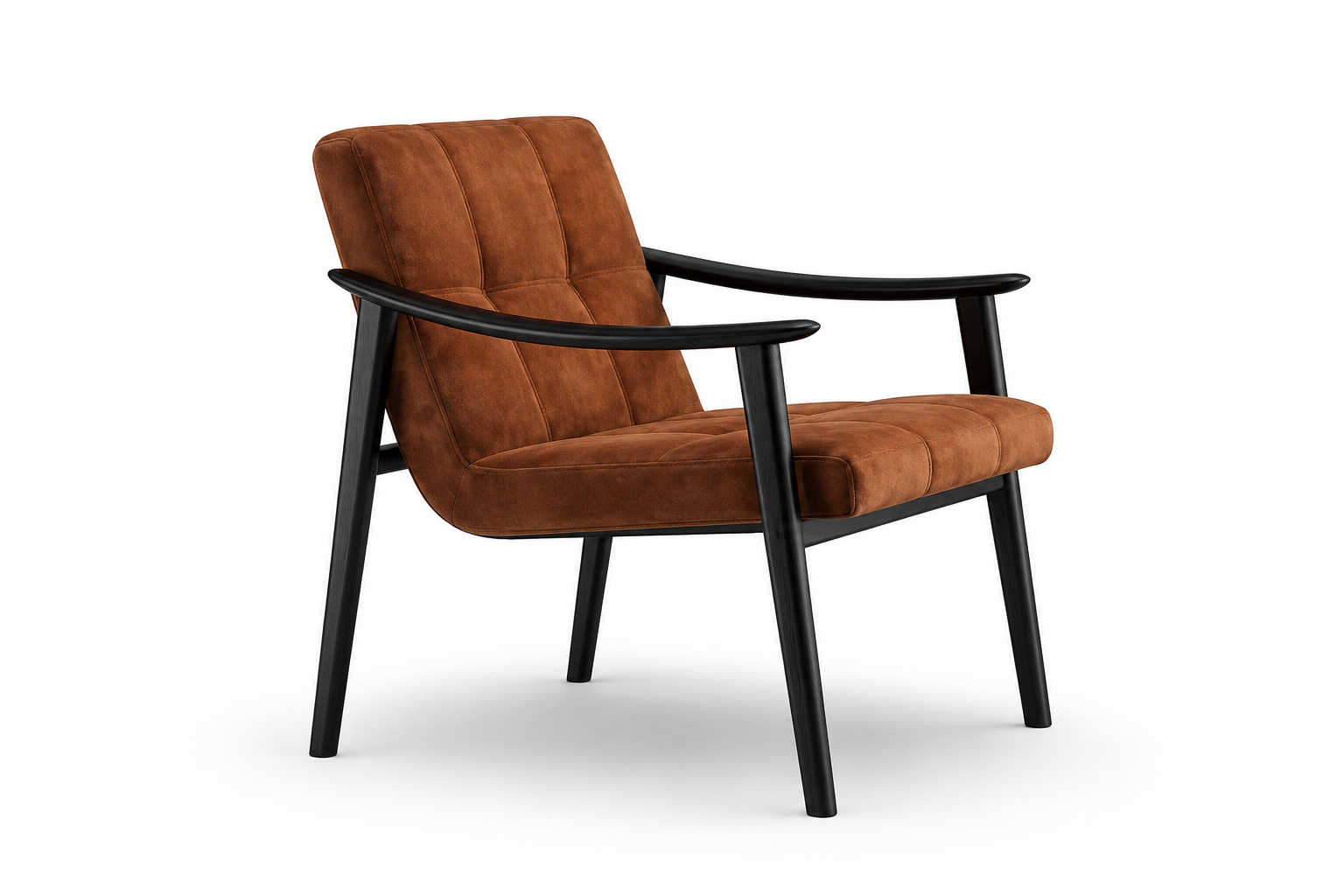 Marc leather lounge chair with warm brown upholstery, curved black ash arms and channelled backrest