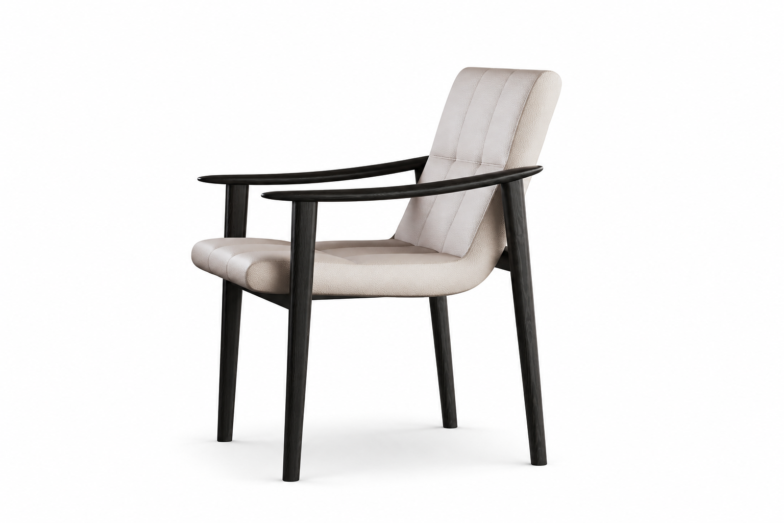 Marc upholstered dining chair with black ash frame, curved arms and channeled neutral backrest