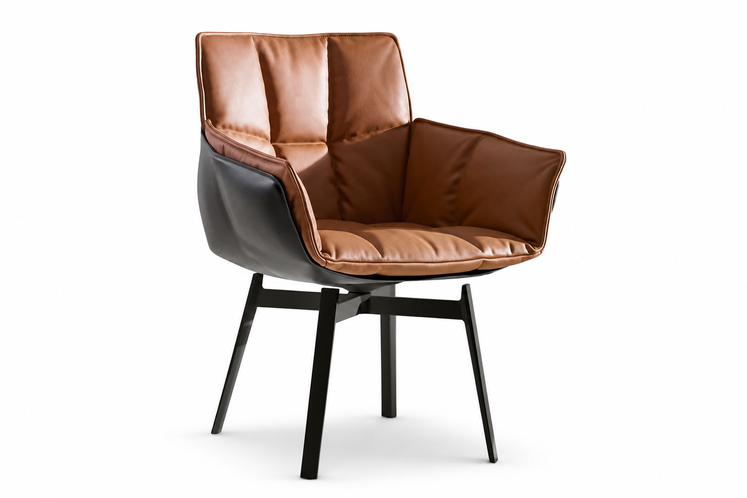 Muscle full-grain leather dining chair with wraparound arms, padded seat and slim black timber legs