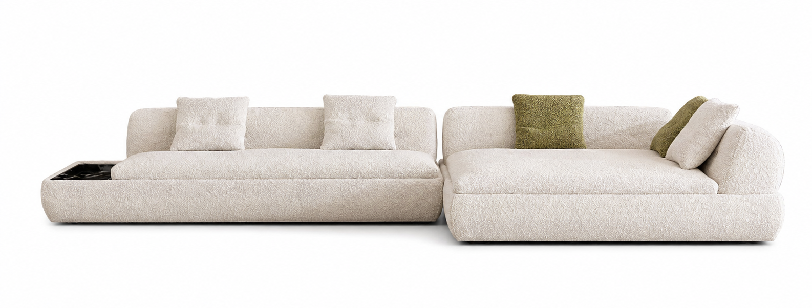 Nocturne modular sofa in textured ivory upholstery with rounded modules and integrated black marble side table