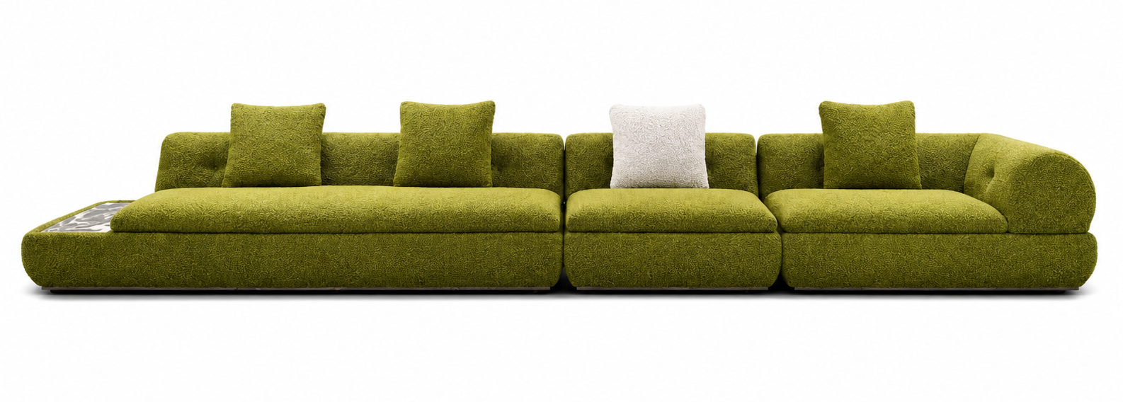 Multi-joined green upholstered fabric with throw pillows and integrated marble side table