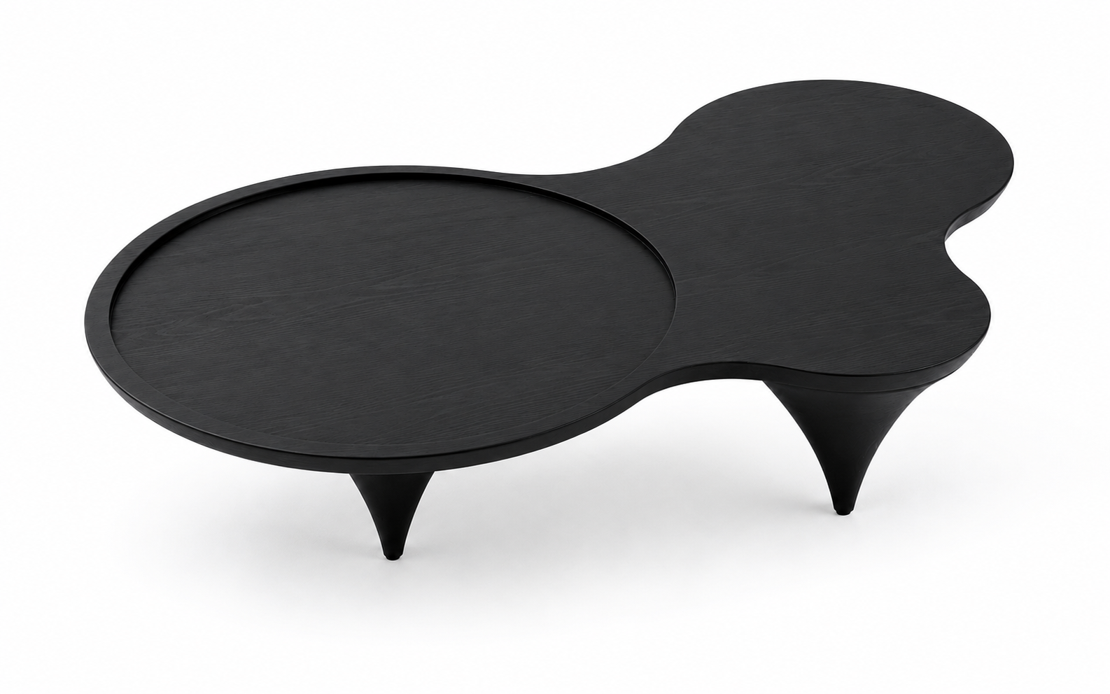 Nori black oak coffee table with asymmetrical top, recessed circular surface and tapered conical legs