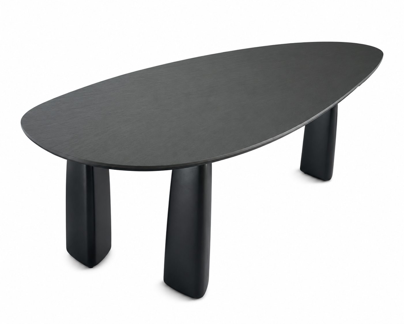 A modern organic-shaped oval table with a dark charcoal wood grain top and three thick cylindrical black legs, shown on a plain white background.