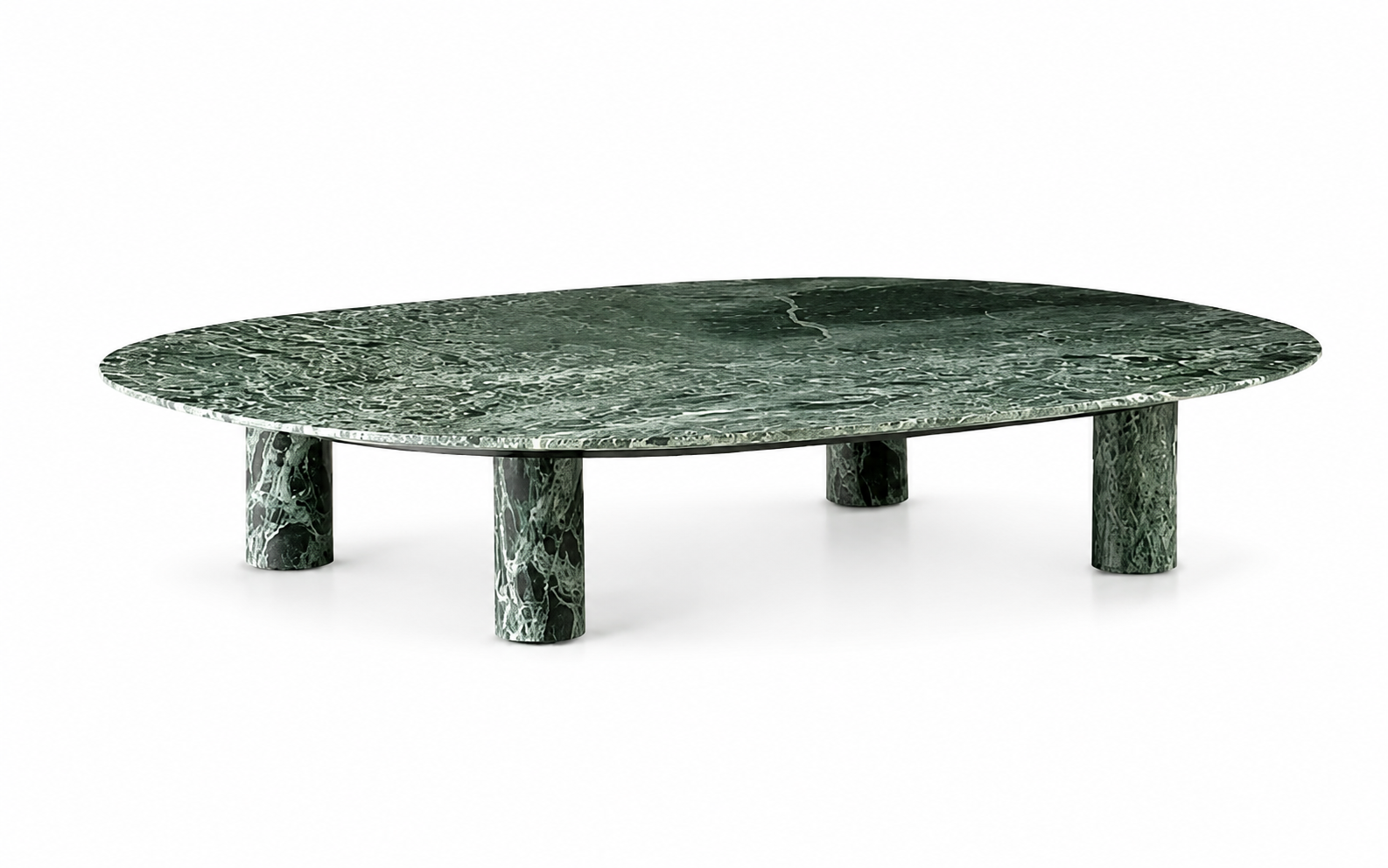 Riverstone green marble coffee table with organic top and four rounded pedestal legs