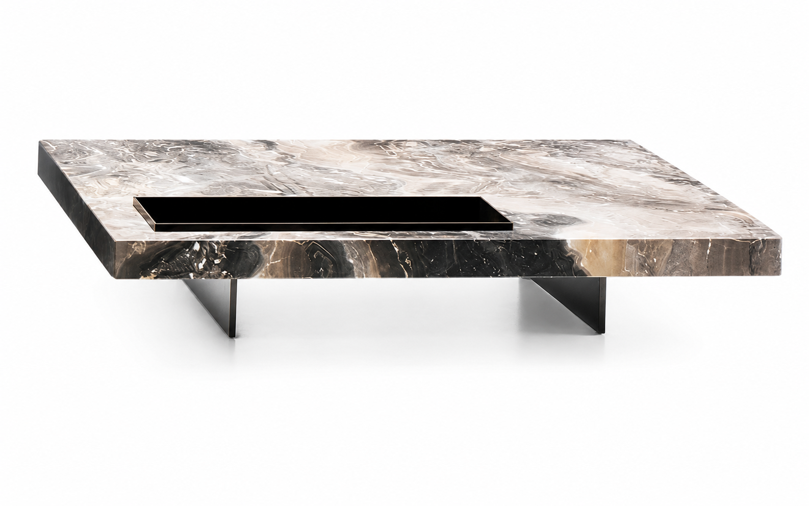 Roger Venetian Brown marble coffee table with integrated black tray and recessed metal base