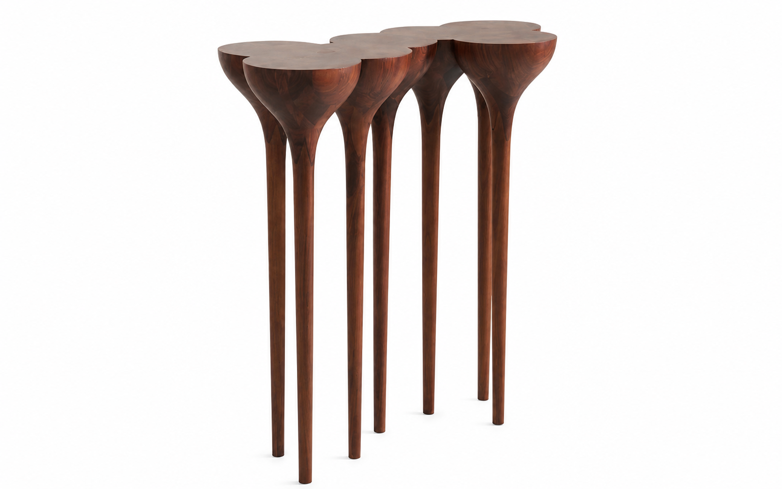 Forest sculptural console table in solid black walnut with clustered organic tops and tapered legs