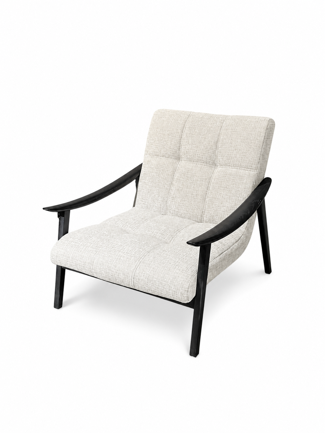 A modern accent marc longue chair with a light beige textured fabric upholstery and a black wooden frame, shown on a plain white background.