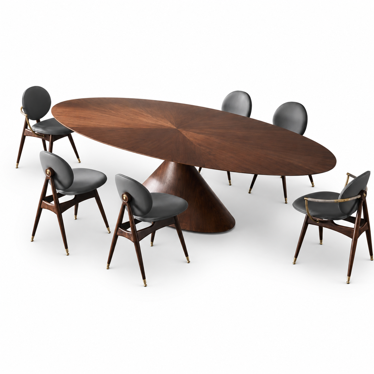 An oval wooden dining table with a sculptural pedestal base, surrounded by six mid-century modern chairs with dark gray upholstered seats and dark wood frames, shown on a clean white background.