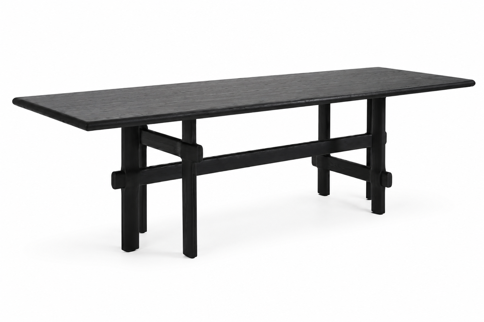 Black wooden table showing the unique leg structure on a white background