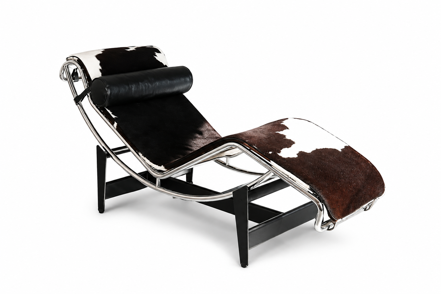 Luna cowhide chaise lounge with curved chrome frame and adjustable reclining headrest