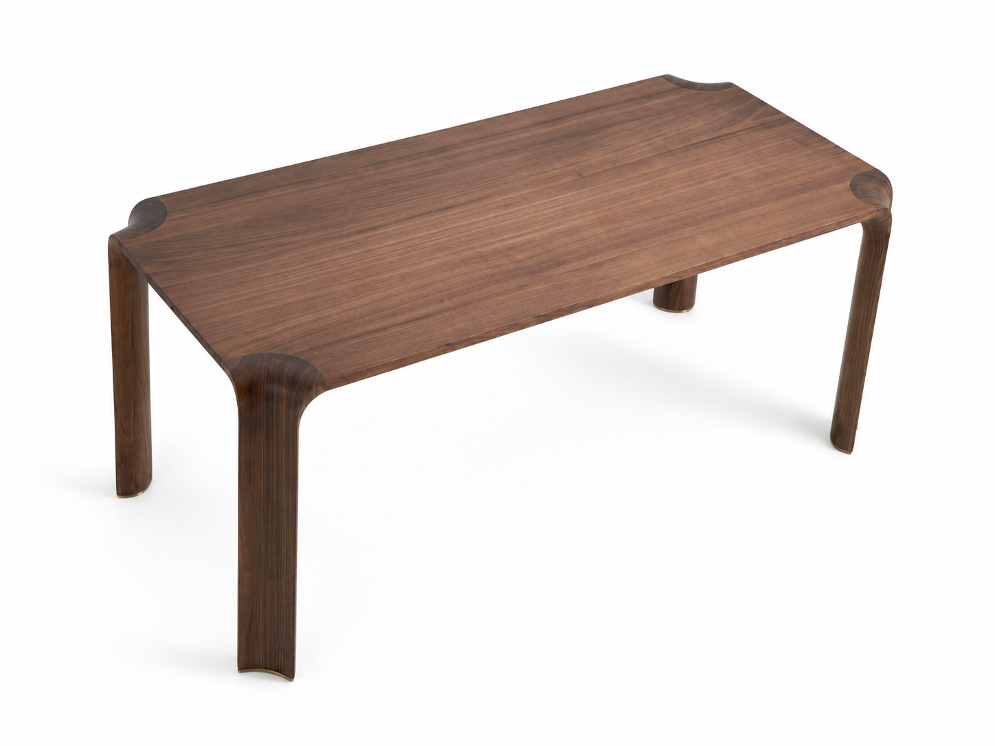A rectangular wooden coffee table with a dark brown walnut finish, featuring rounded corners and curved legs, shown on a plain white background.