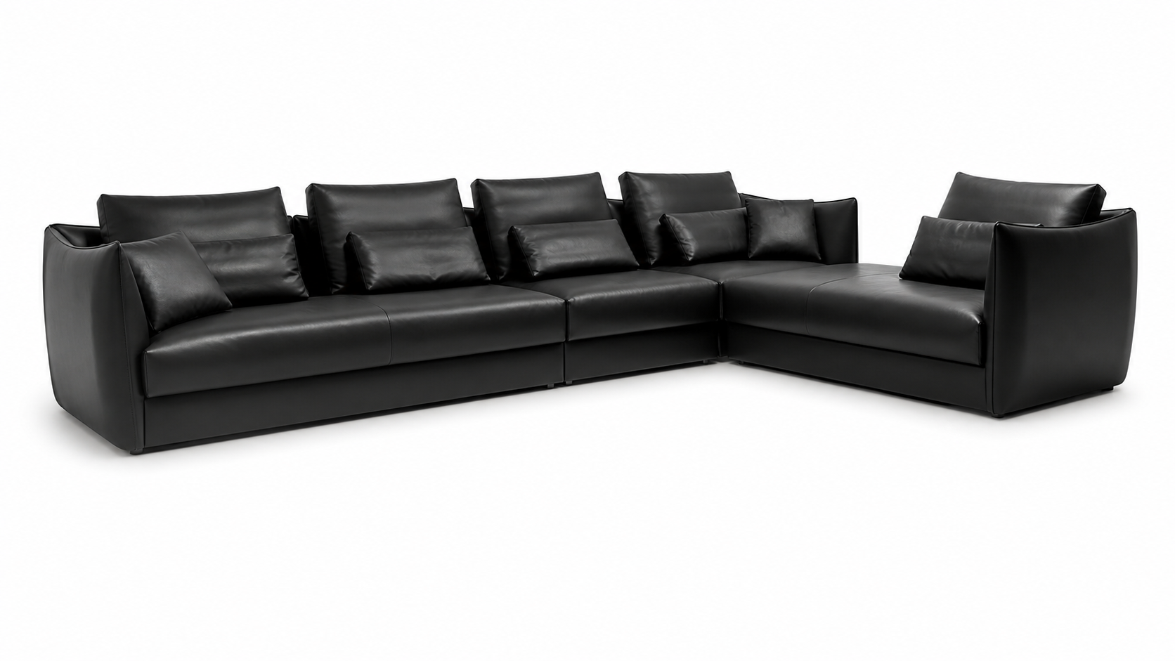 Nior black leather modular sofa with curved arms, adjustable cushions and large corner configuration