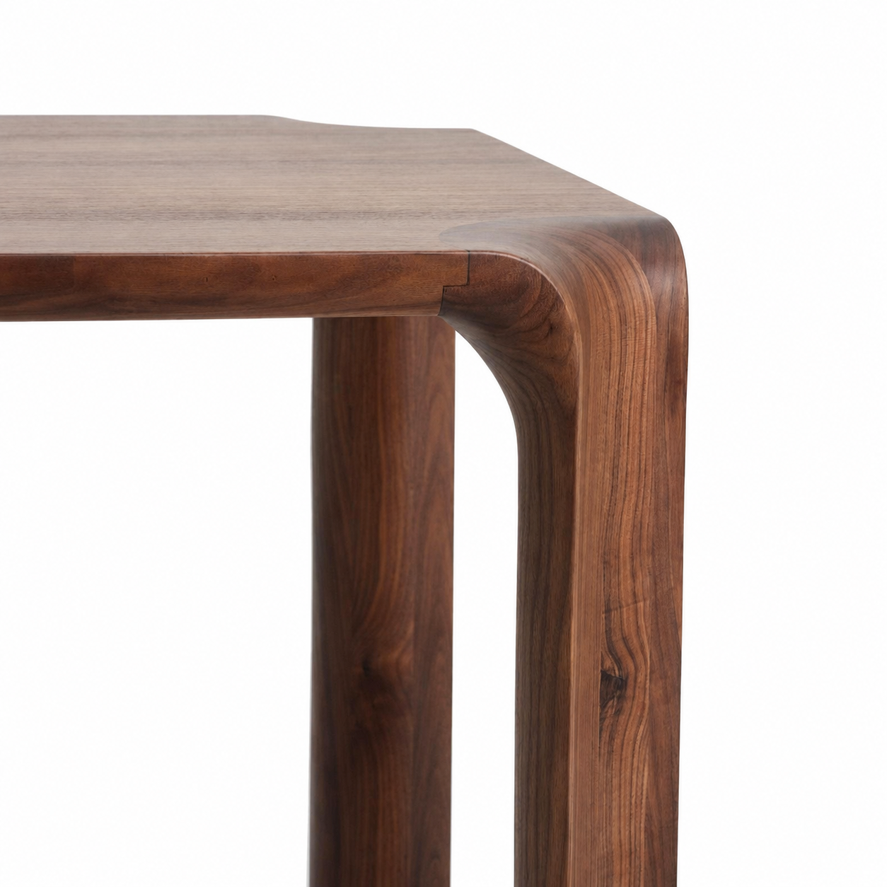Wooden side table with a curved design on a white background