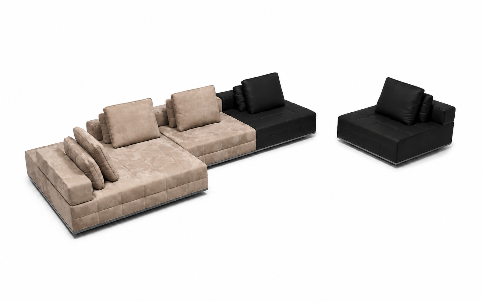 A deep-seat modular sectional sofa in beige and black, shown from an elevated angle alongside a matching black armchair on a plain white background.