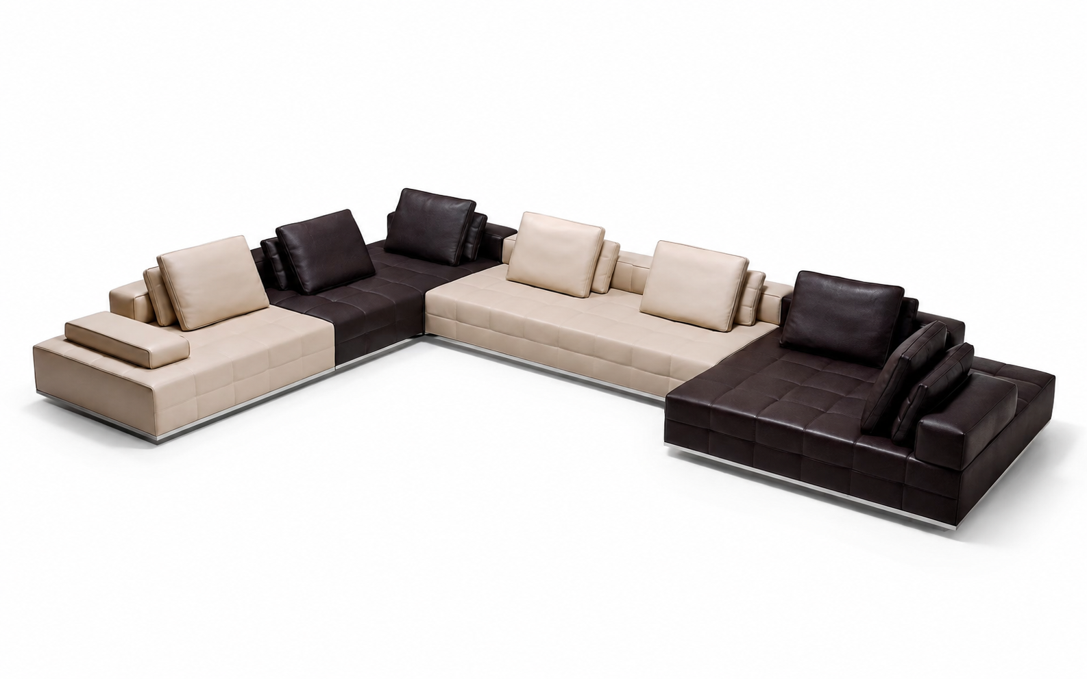A modular sectional sofa with alternating beige and dark brown leather sections, weighted armrest and is shown from an elevated angle on a white background.