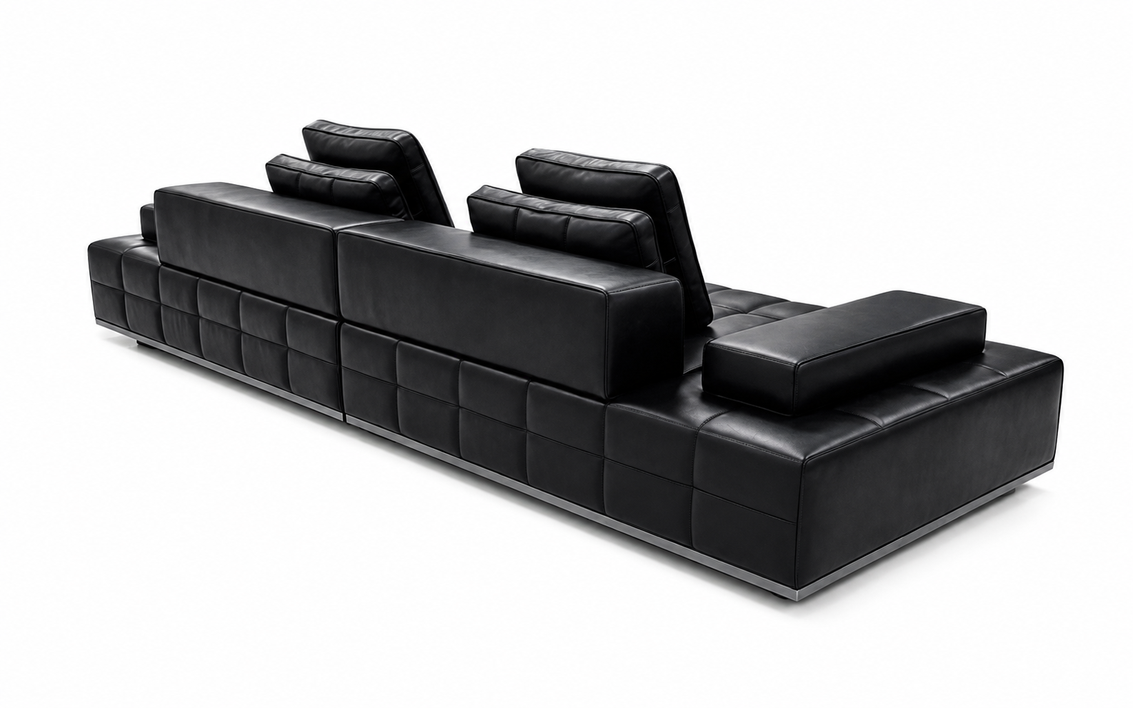 A modern black leather sectional sofa with two high backrests, a chaise lounge, and tufted square paneling on the front, shown from an elevated angle on a white background.