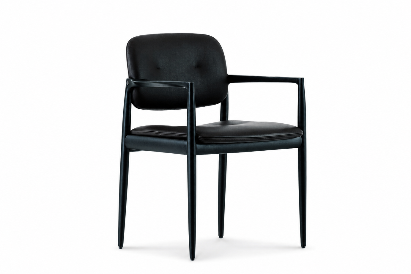 a solid timber frame, curved arms and cushioned leather upholstery.
