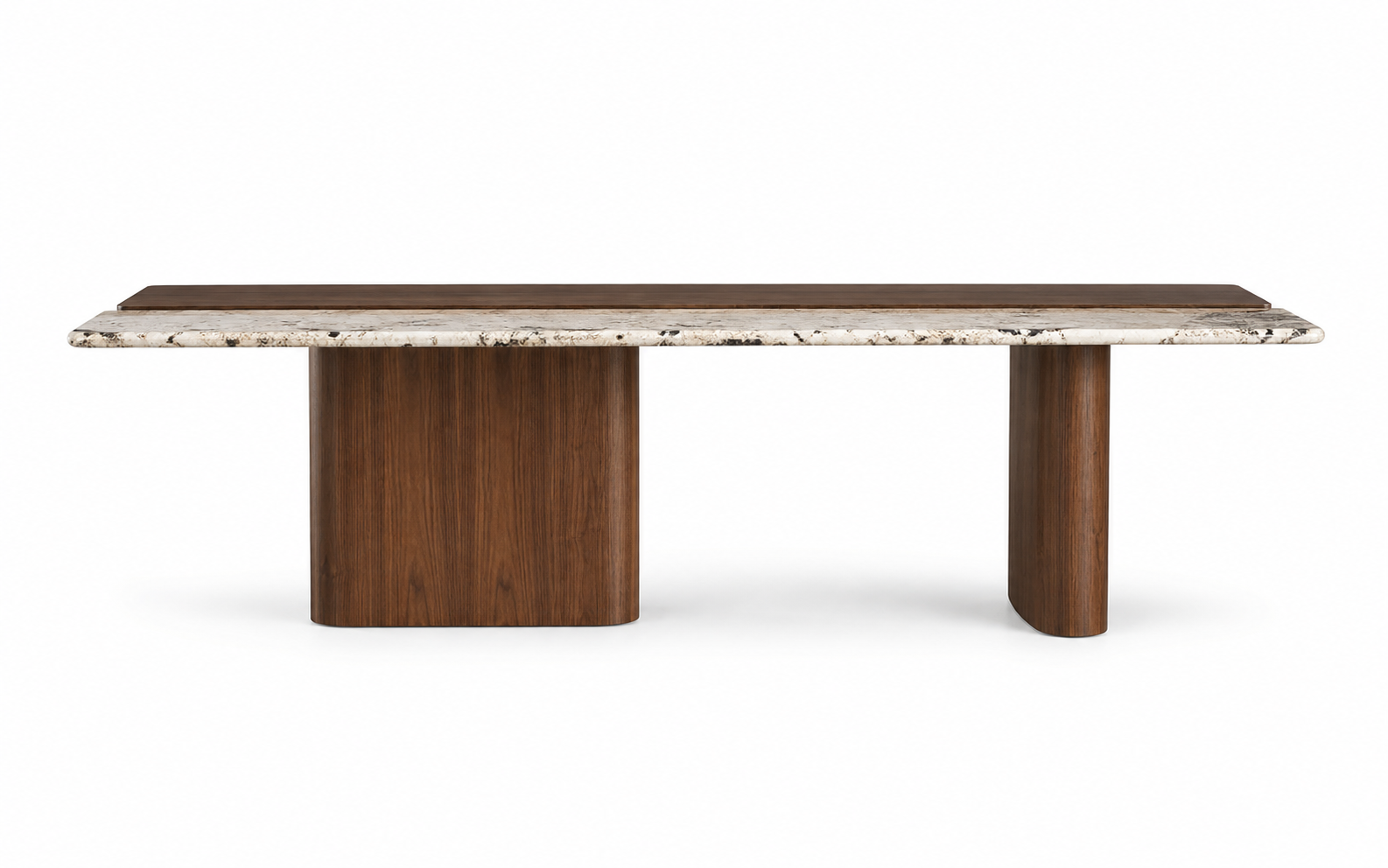 Black walnut and natural stone dining table with rounded slab edge and broad pedestal supports