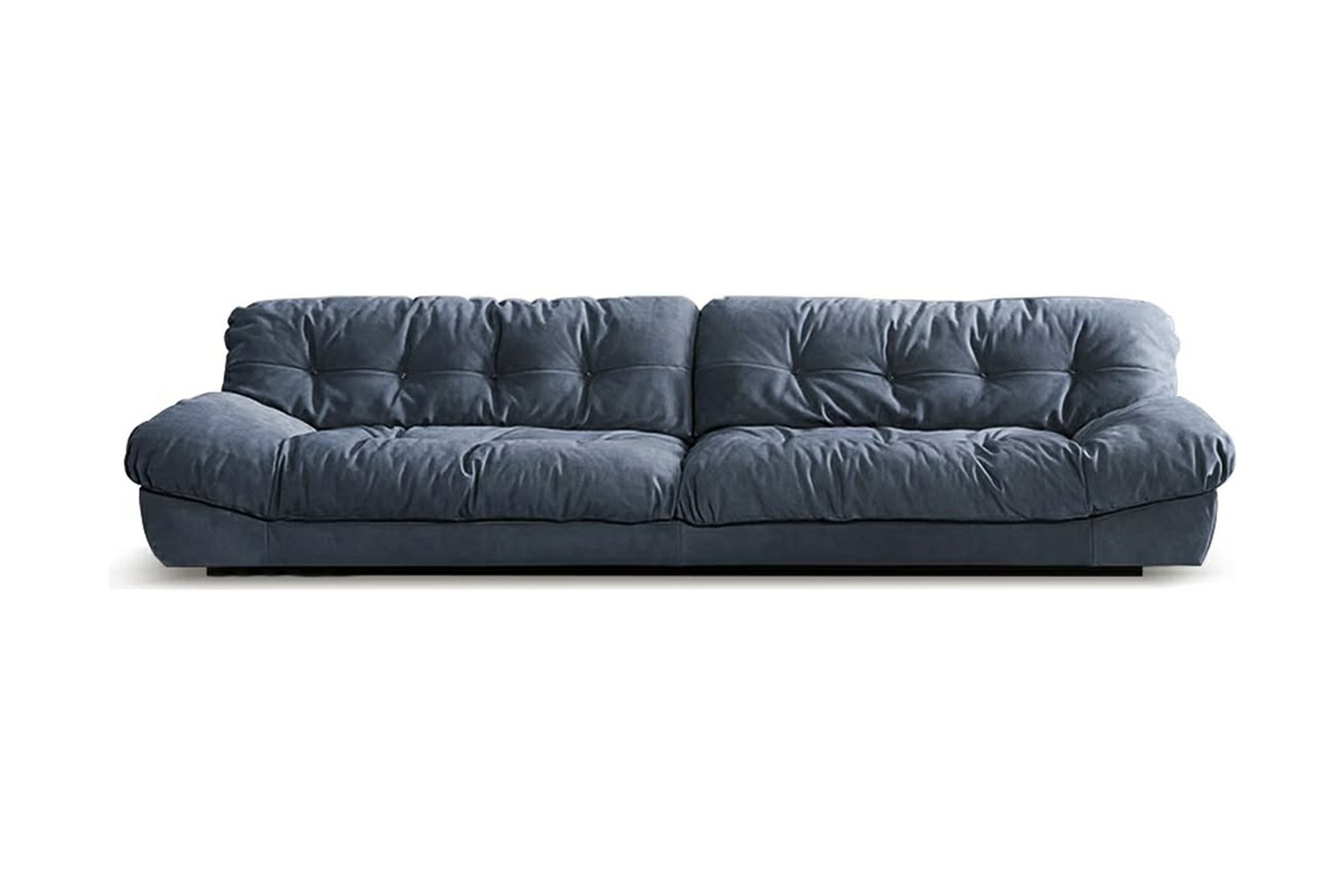 Mellow nubuck leather sofa in charcoal with deep quilting, tufted cushions and a low floating base
