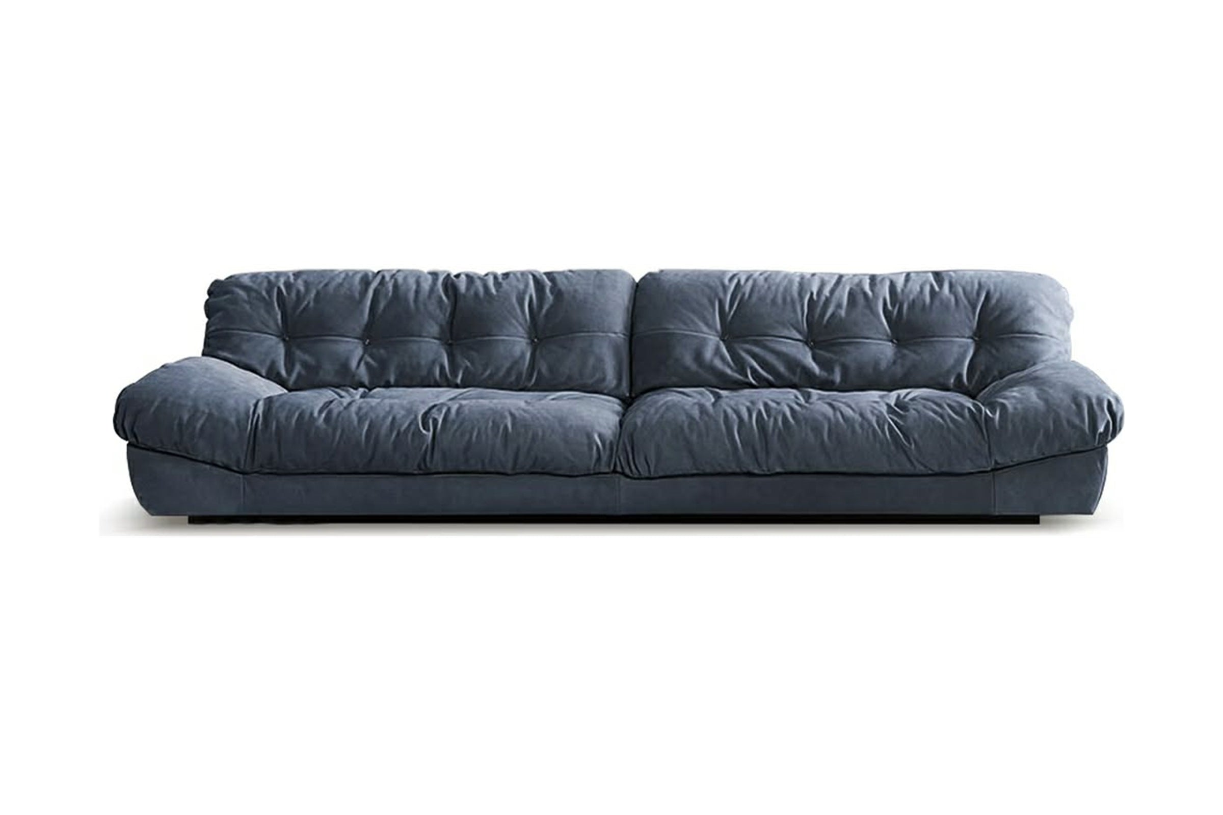 Mellow nubuck leather sofa in charcoal with deep quilting, tufted cushions and a low floating base
