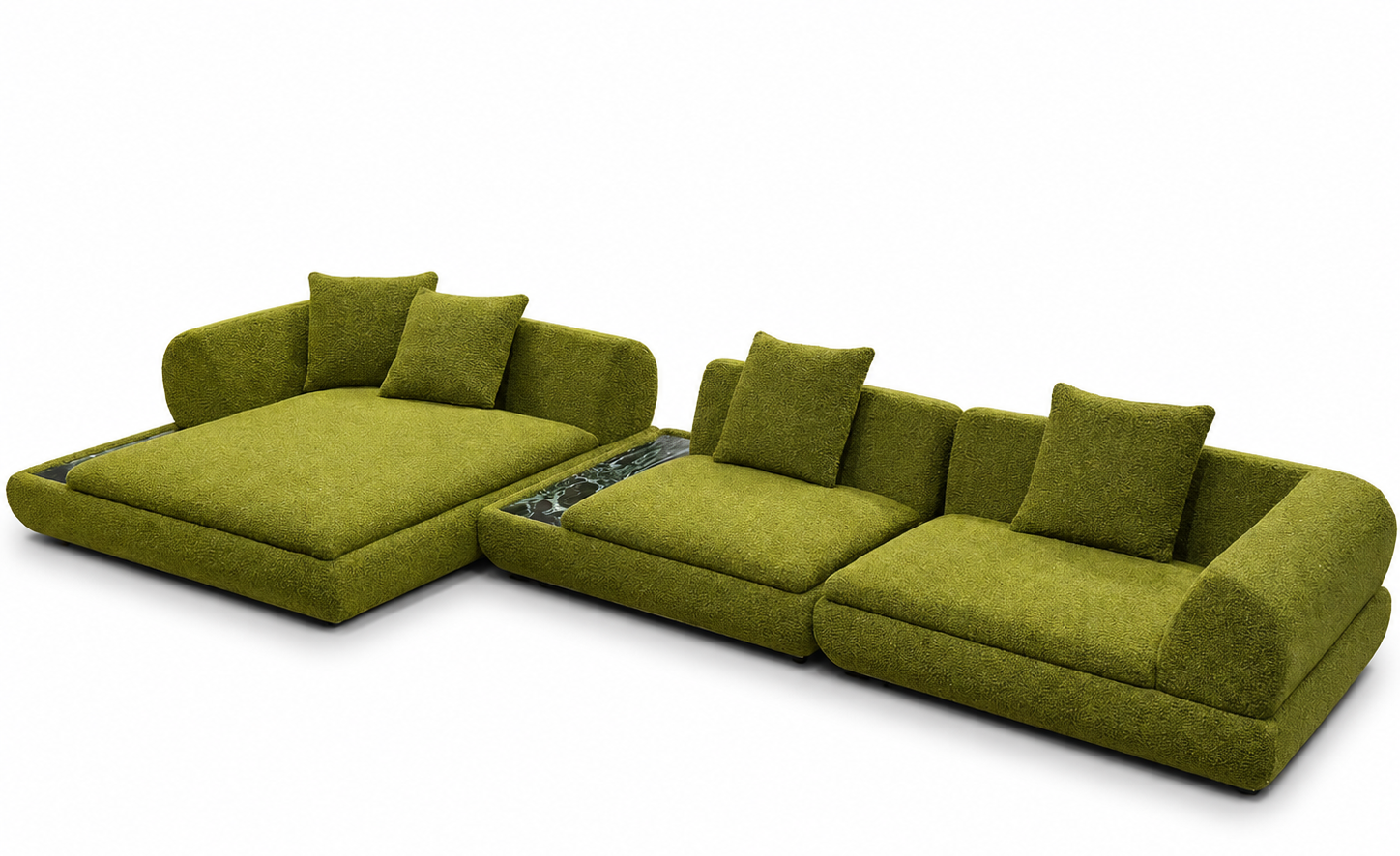 Green sectional sofa on a white background with integrated marble side table