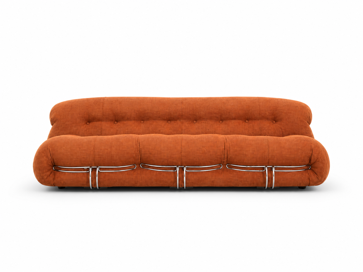 Brace upholstered sofa in burnt orange fabric with deep cushioning and exposed stainless-steel frame