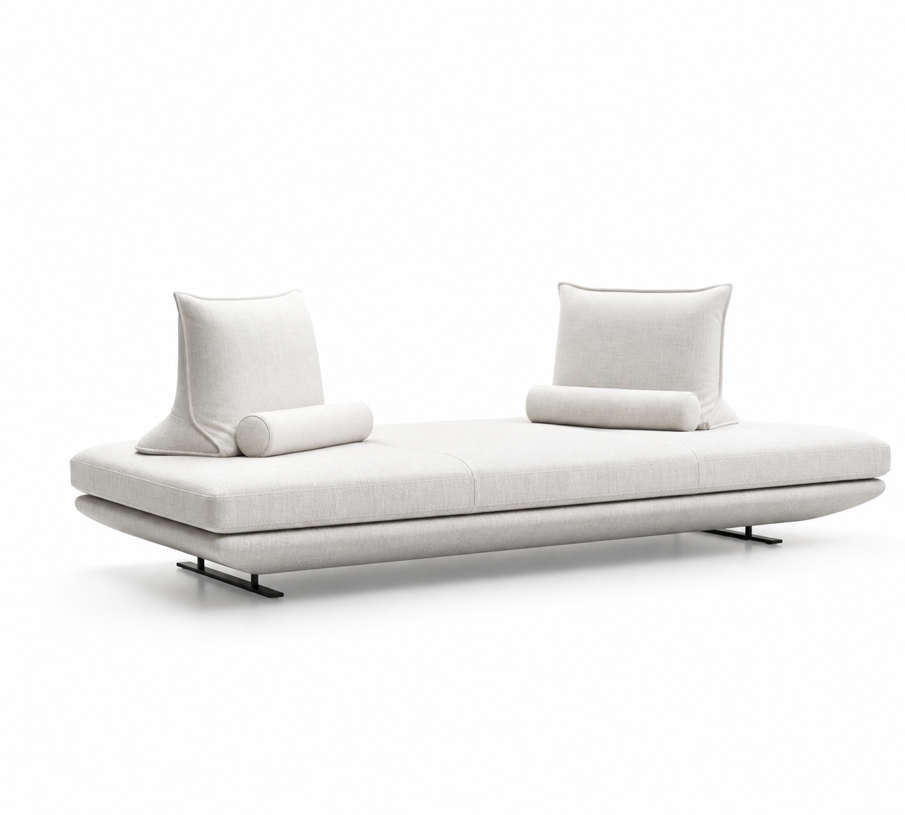 Prague modular daybed sofa in light fabric with movable weighted backrests and low metal base