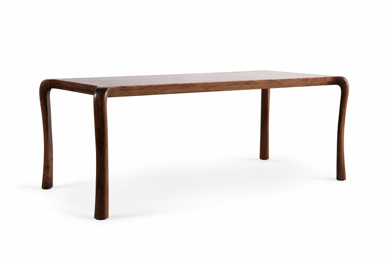 A dark American walnut brown wooden dining table with a smooth rectangular top and four gracefully curved legs, shown on a clean white background.