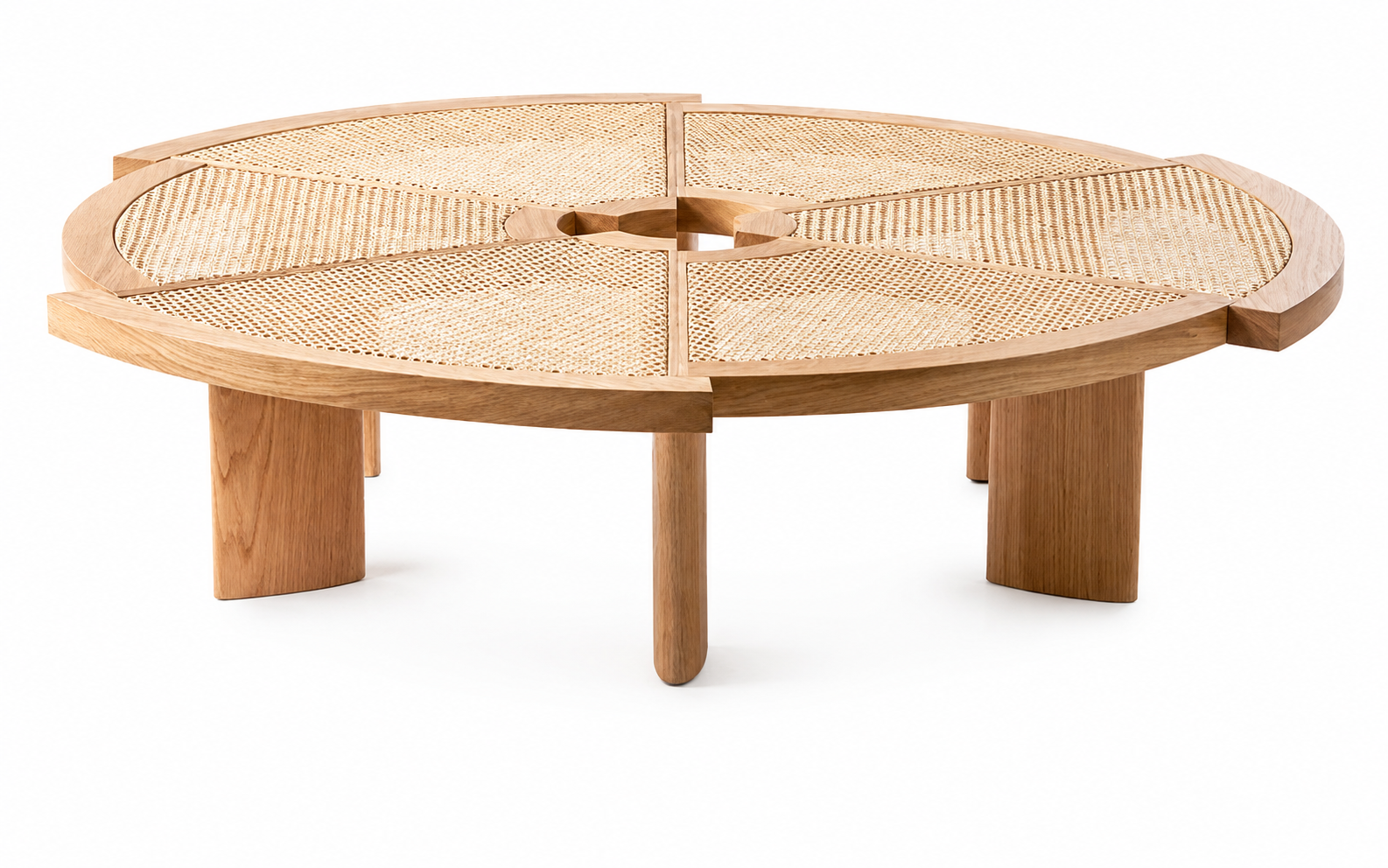 Wilson round coffee table in white oak with six hand-woven natural rattan panels and central opening