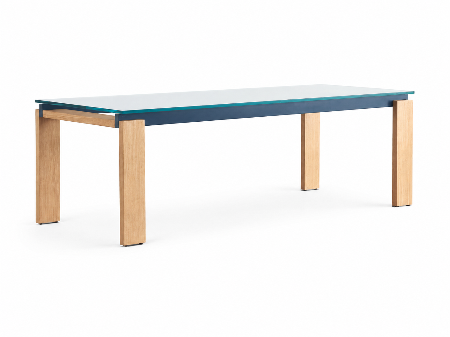 A modern rectangular table with a light natural wood frame and a dark blue glass top, shown against a plain white background.